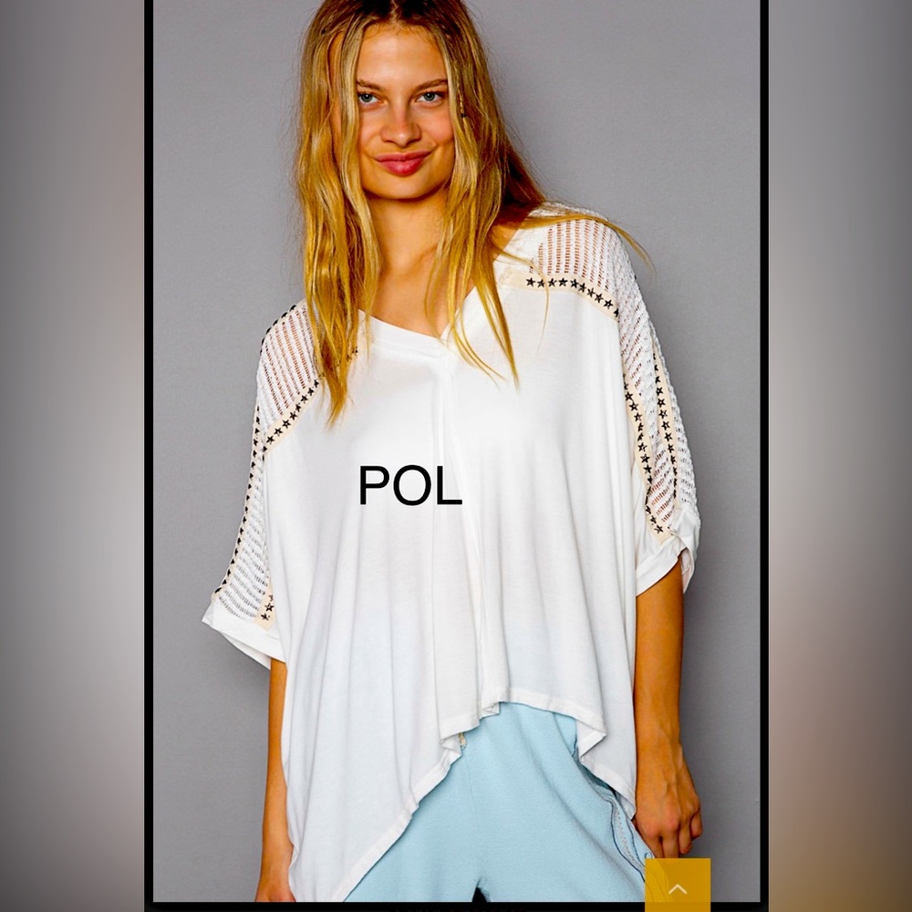 BP211-6🤍POL pristine white v-neck w/star points+see-thru panels Goes everywhere!
